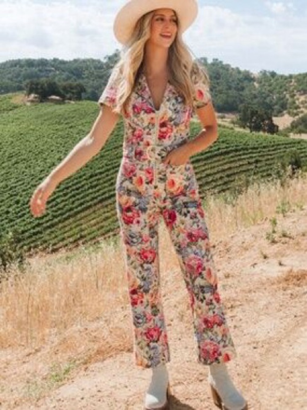 Show Me Your Mumu Jacksonville Floral Denim Belted Jumpsuit S Boho Dusty Meadows - Picture 2 of 15